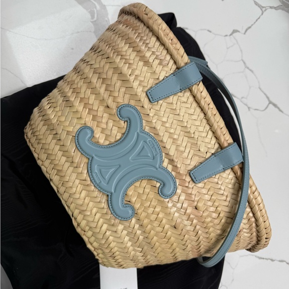 Celine Handbags - Celine Natural Straw Tote with Light Blue Leather Trim
